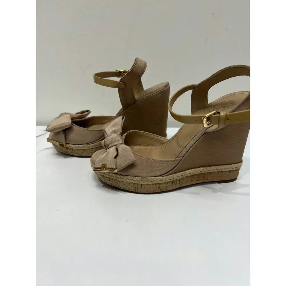 Tory Burch Beige Wedge Espadrilles with Bow Detail and Ankle Strap